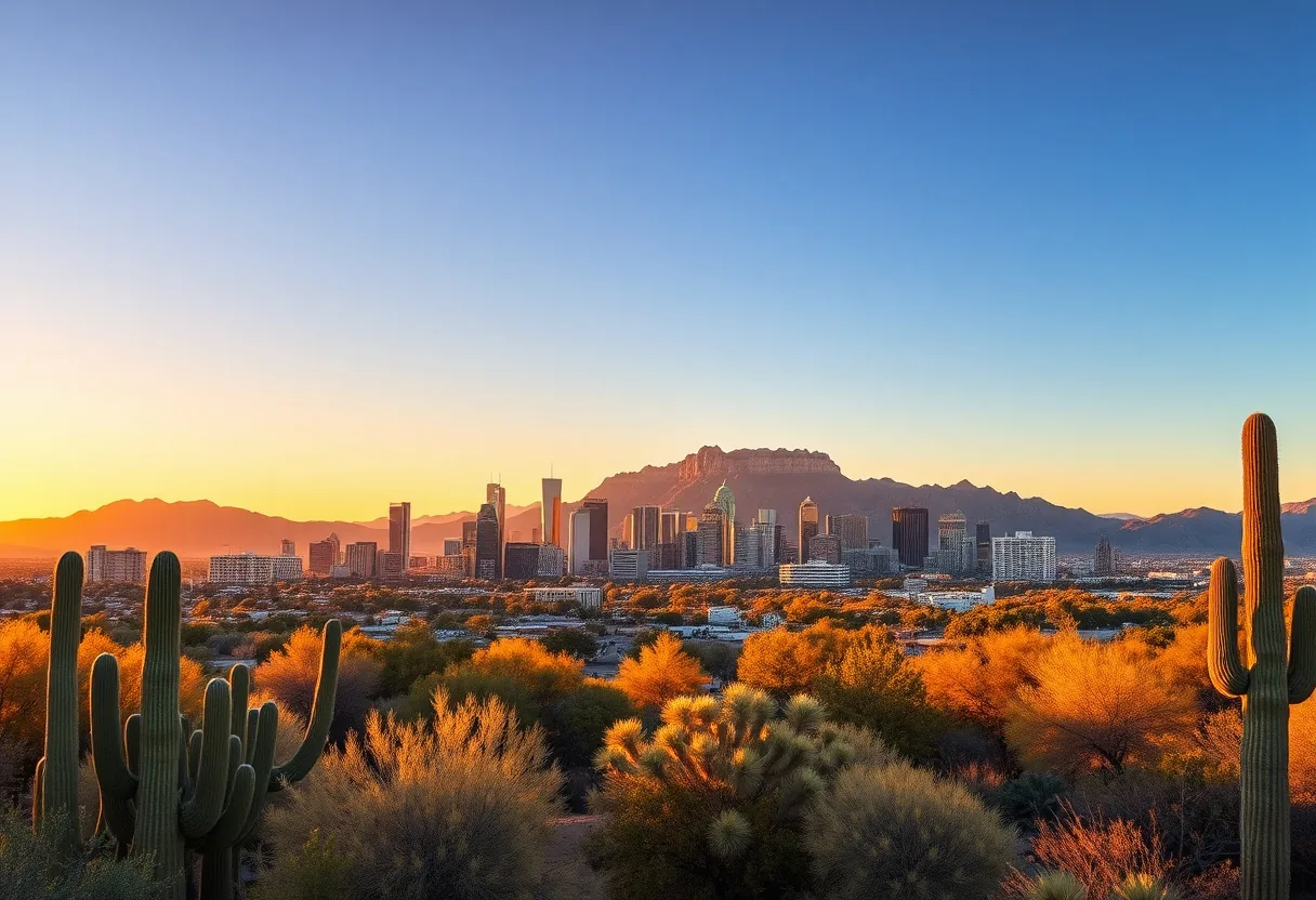 Phoenix downtown skyline at sunset with Camelback Mountain and the Sonoran desert in warm golden light
